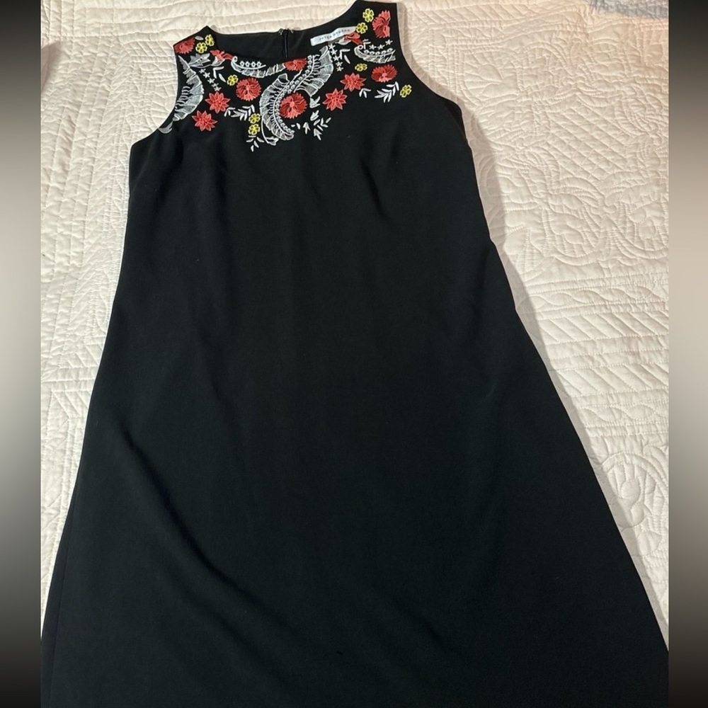 Black Peter Nygard Dress Black with embordered flowers on chest/upper back, NWOT